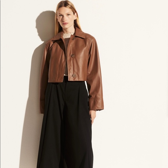 VINCE Women’s Leather Cropped Jacket, Color Brown, Size XXS - Picture 2 of 10